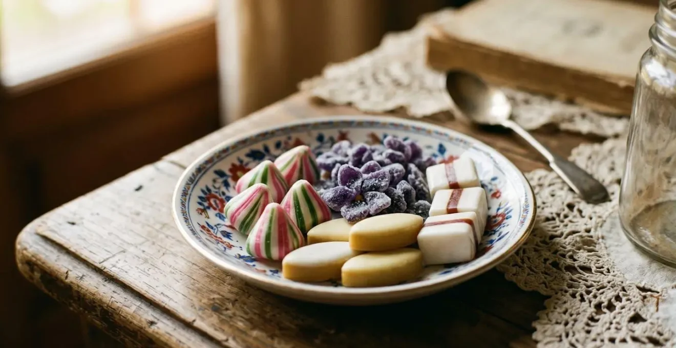 Assortiment de bonbons français vintage dans une coupelle en porcelaine ancienne, gros plan avec arrière-plan flou rétro.