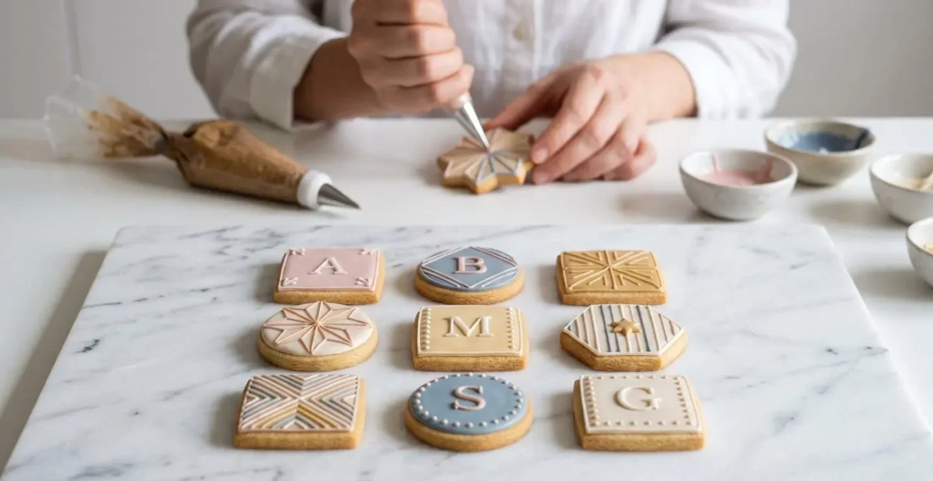 Biscuits artisanaux décorés au glaçage royal sur marbre blanc, mains d'artisan travaillant en arrière-plan flou.
