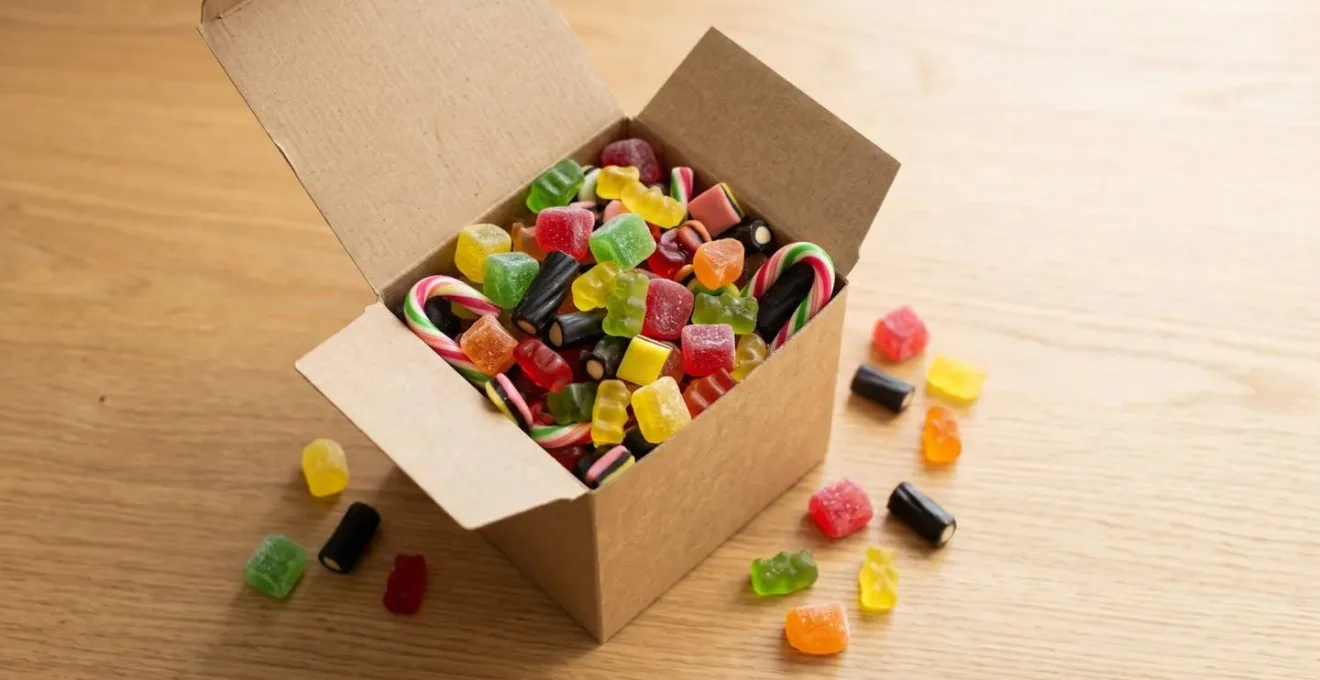 Box en carton kraft ouverte débordant de bonbons colorés variés, vue de dessus sur une table en bois clair, lumière naturelle douce.