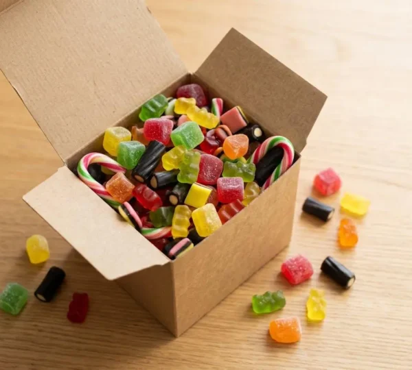 Box en carton kraft ouverte débordant de bonbons colorés variés, vue de dessus sur une table en bois clair, lumière naturelle douce.